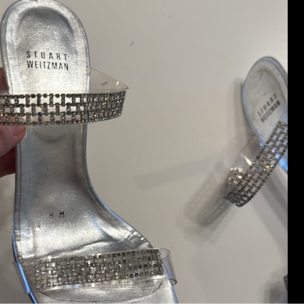Stuart Weitzman Aleena Crystal Lucite Rhinestone Slide Heels Sandals Size 8 EUC - Picture 14 of 14